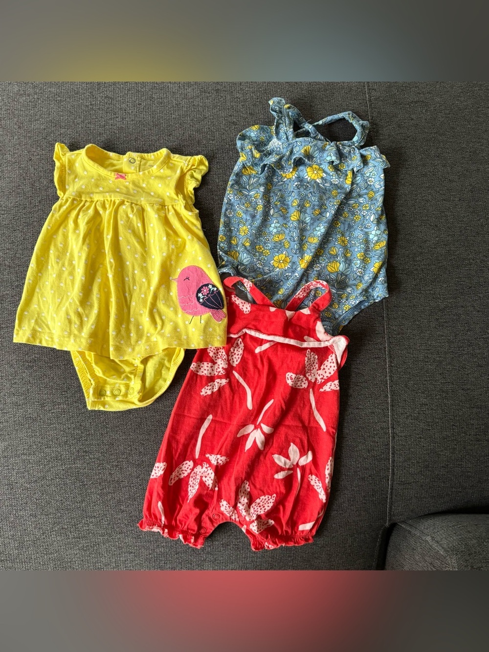 Bundle Baby Girl 6M Set 3PC Summer Romper Floral Bird Appliqué Red Yellow Blue
